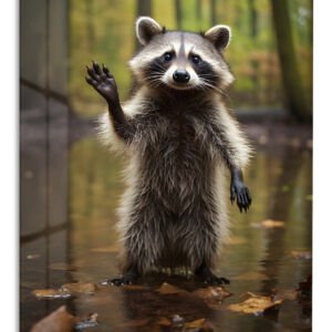 Waving Raccoon in Forest Stream metal wall art print