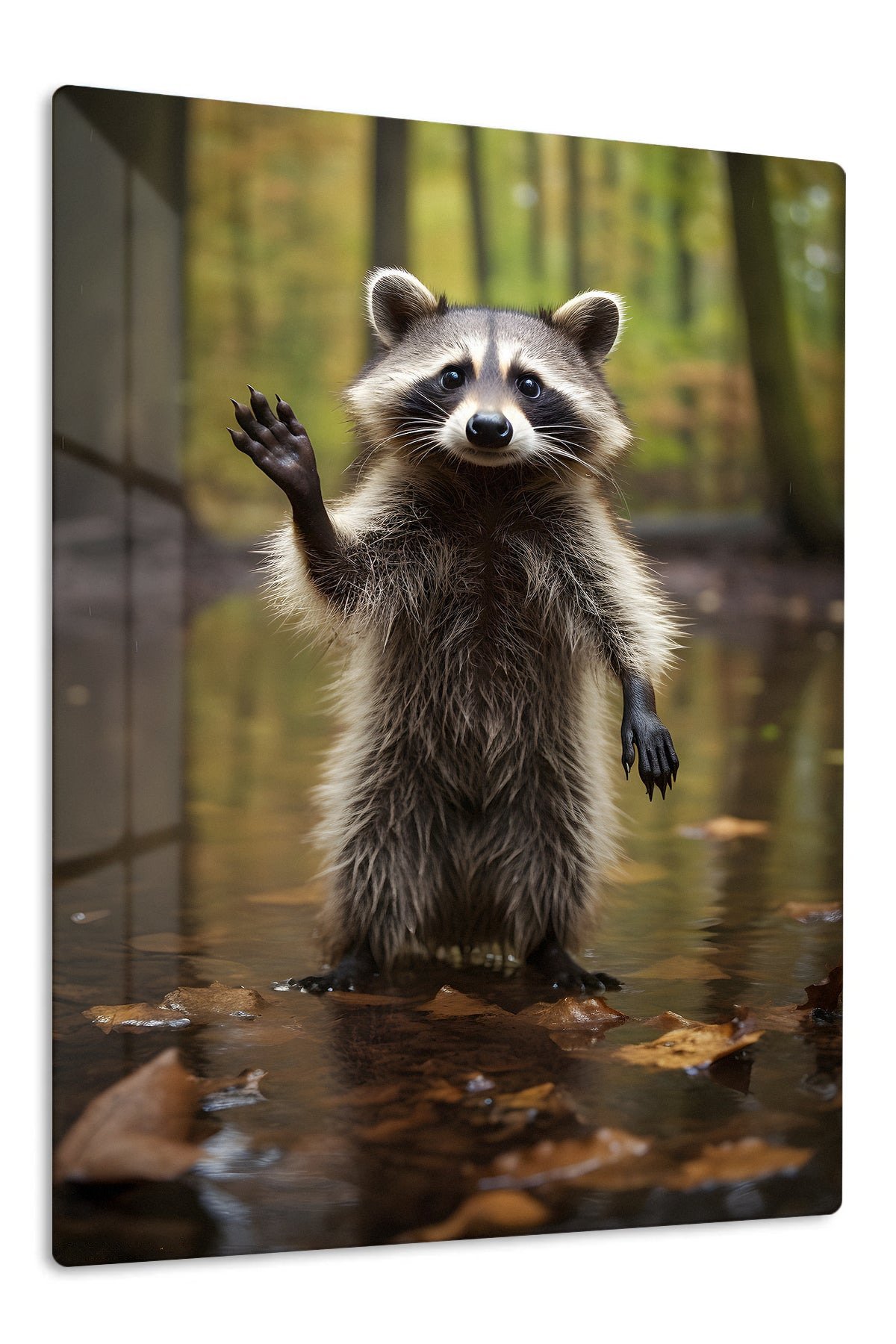 Waving Raccoon in Forest Stream metal wall art print