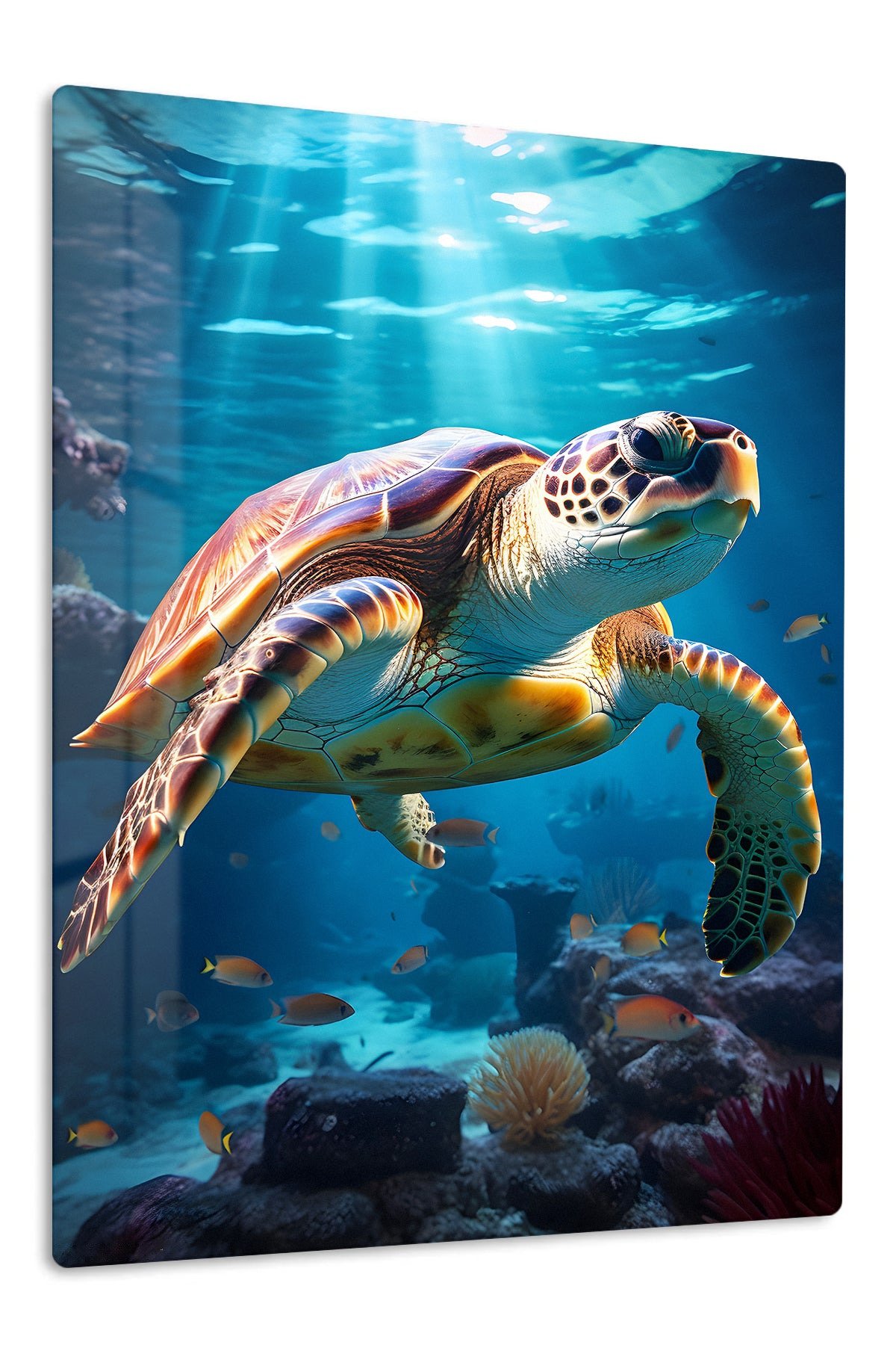 Sunlit Sea Turtle Reef metal wall art print