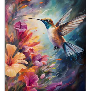 Hummingbird Among Luminous Hibiscus metal wall art print