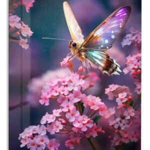 Luminous Butterfly Among Pink Blossoms metal wall art print