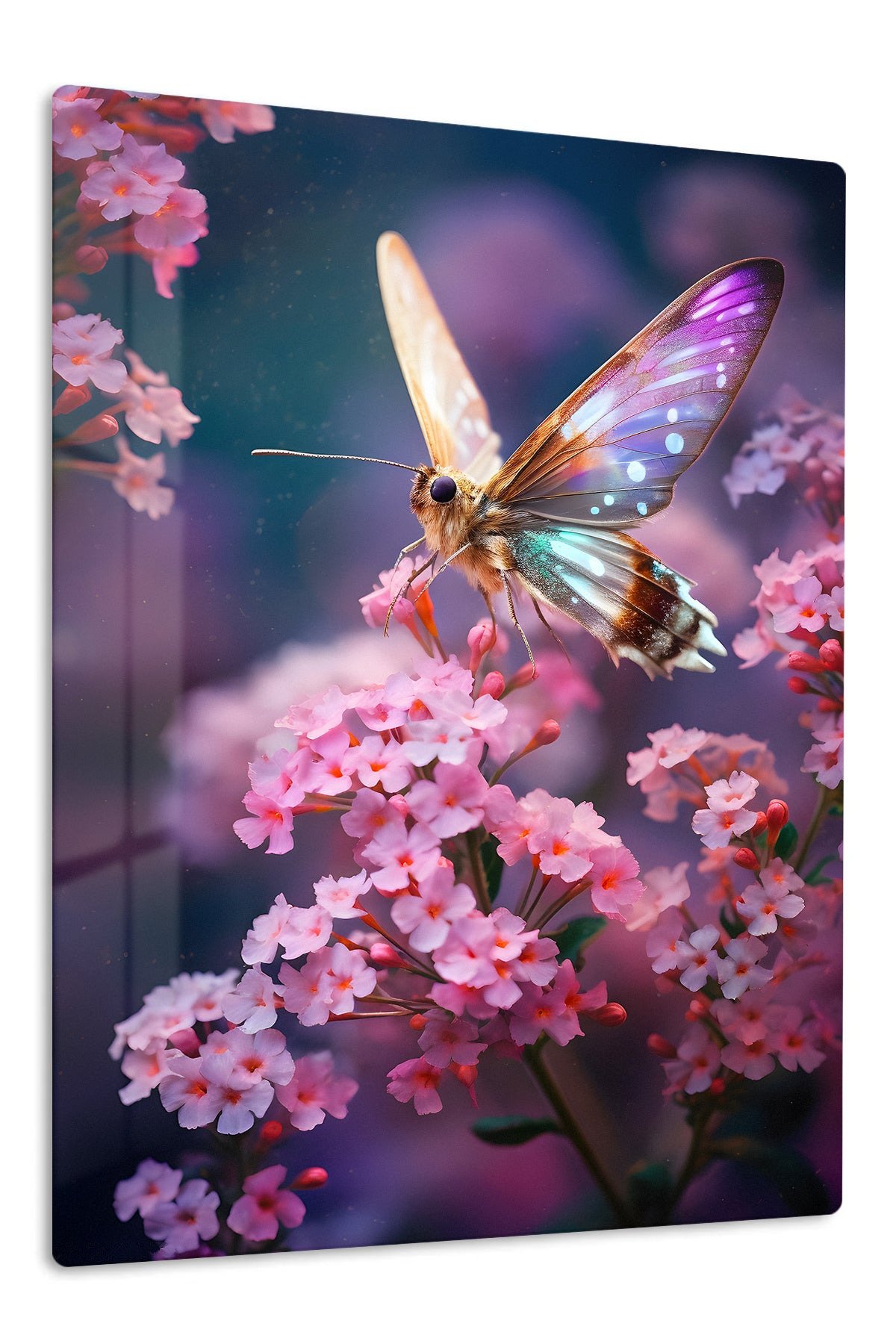 Luminous Butterfly Among Pink Blossoms metal wall art print