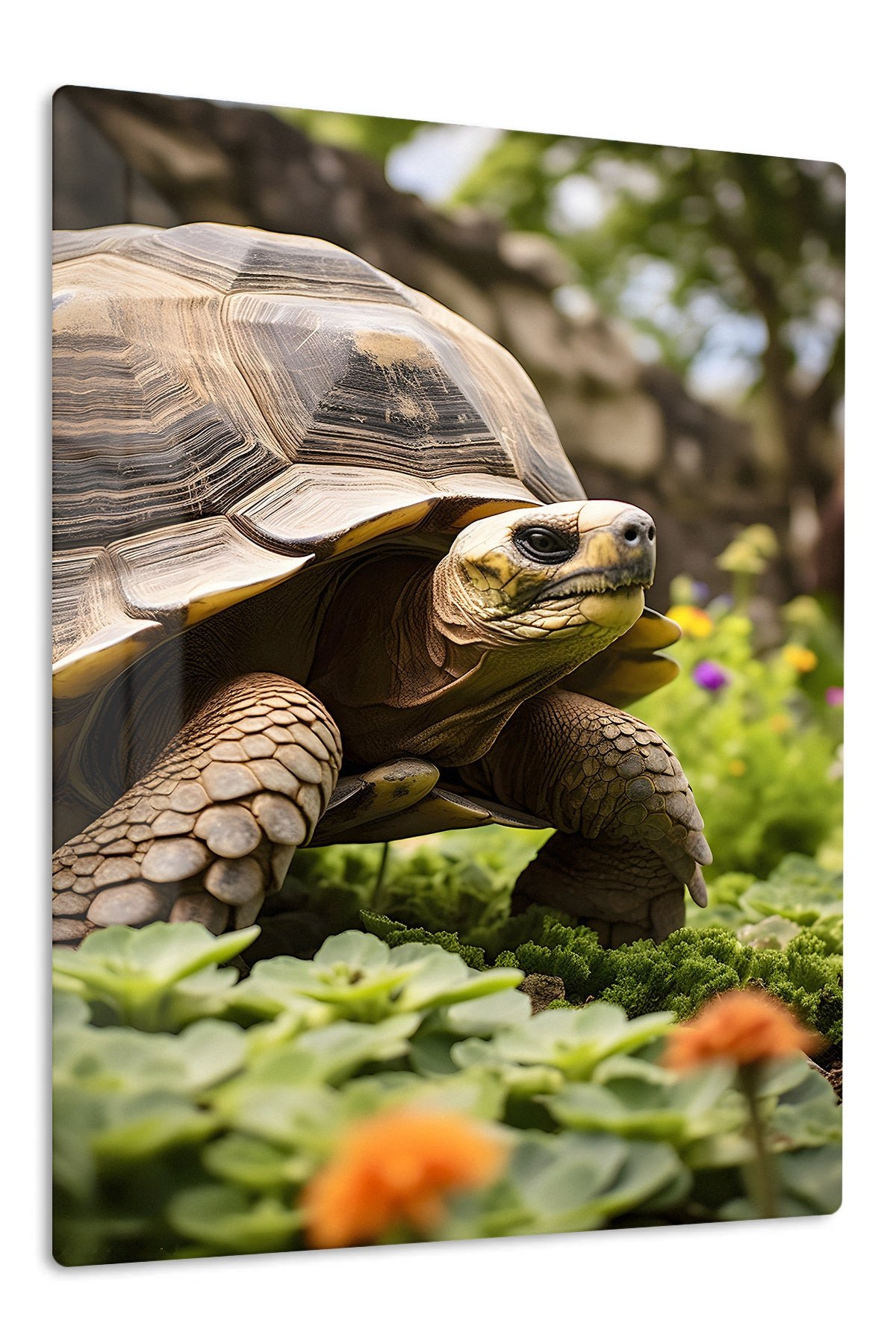Tortoise in a Sunlit Garden metal wall art print