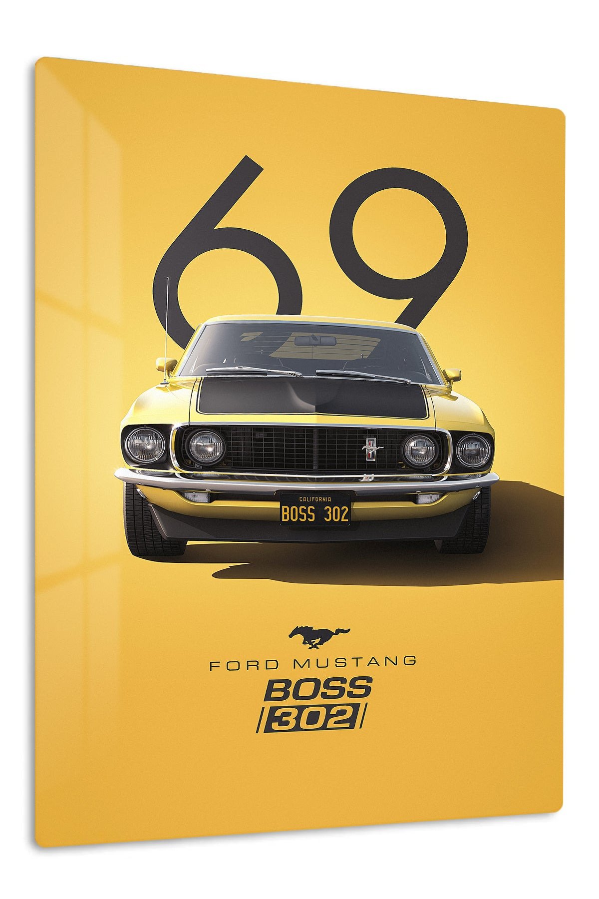 1969 Yellow Mustang Boss 302 metal wall art print
