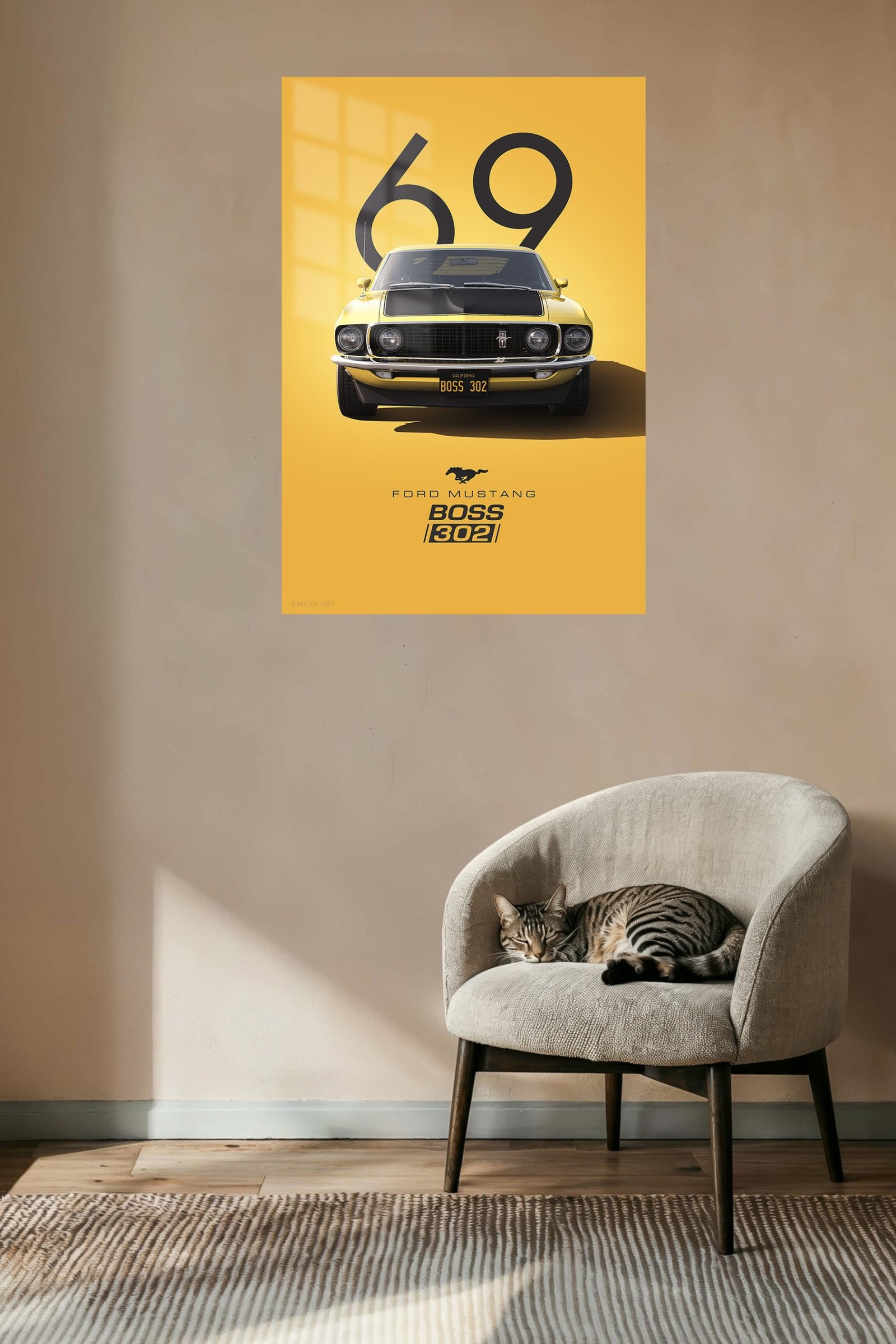 1969 Yellow Mustang Boss 302 metal wall art print, view 5