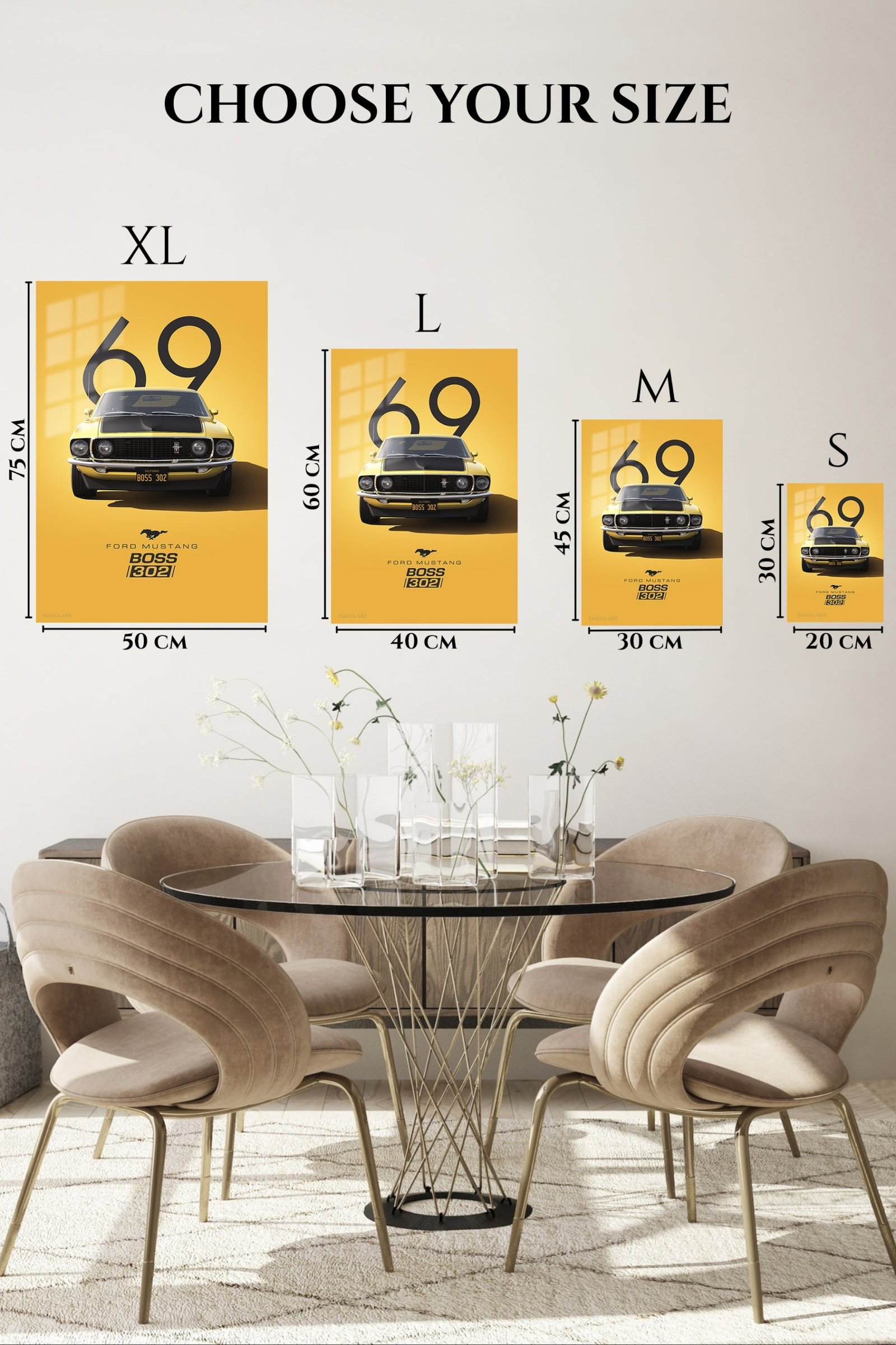 1969 Yellow Mustang Boss 302 metal wall art print, view 6