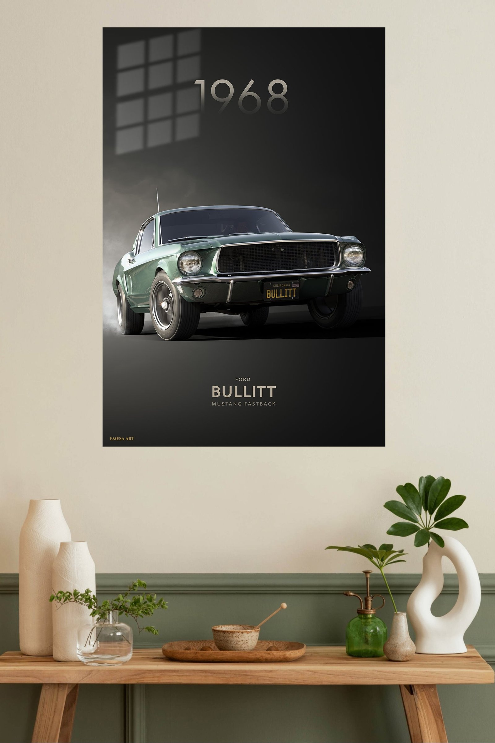 1968 Green Ford Mustang Bullitt metal wall art print, view 4