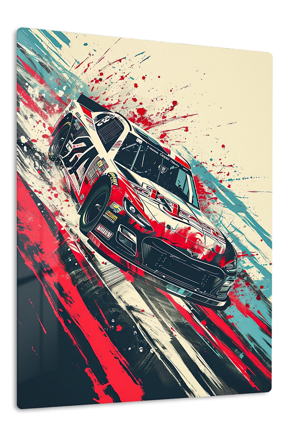 Red White Stock Car Splash metal wall art print