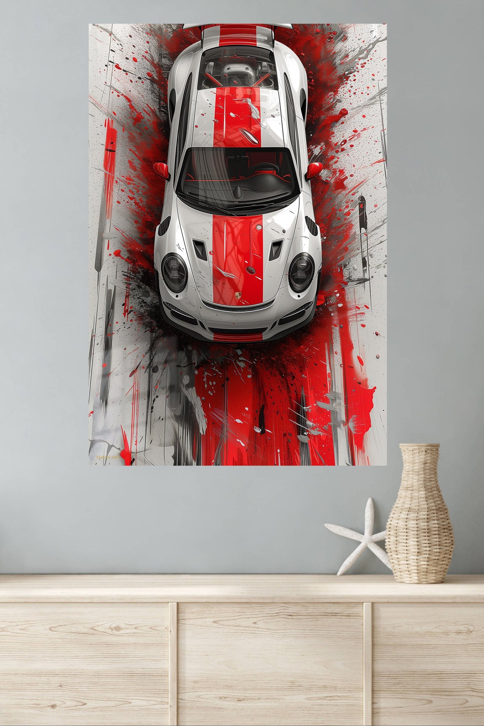 Red Stripe Sports Car Top View metal wall art print, view 4