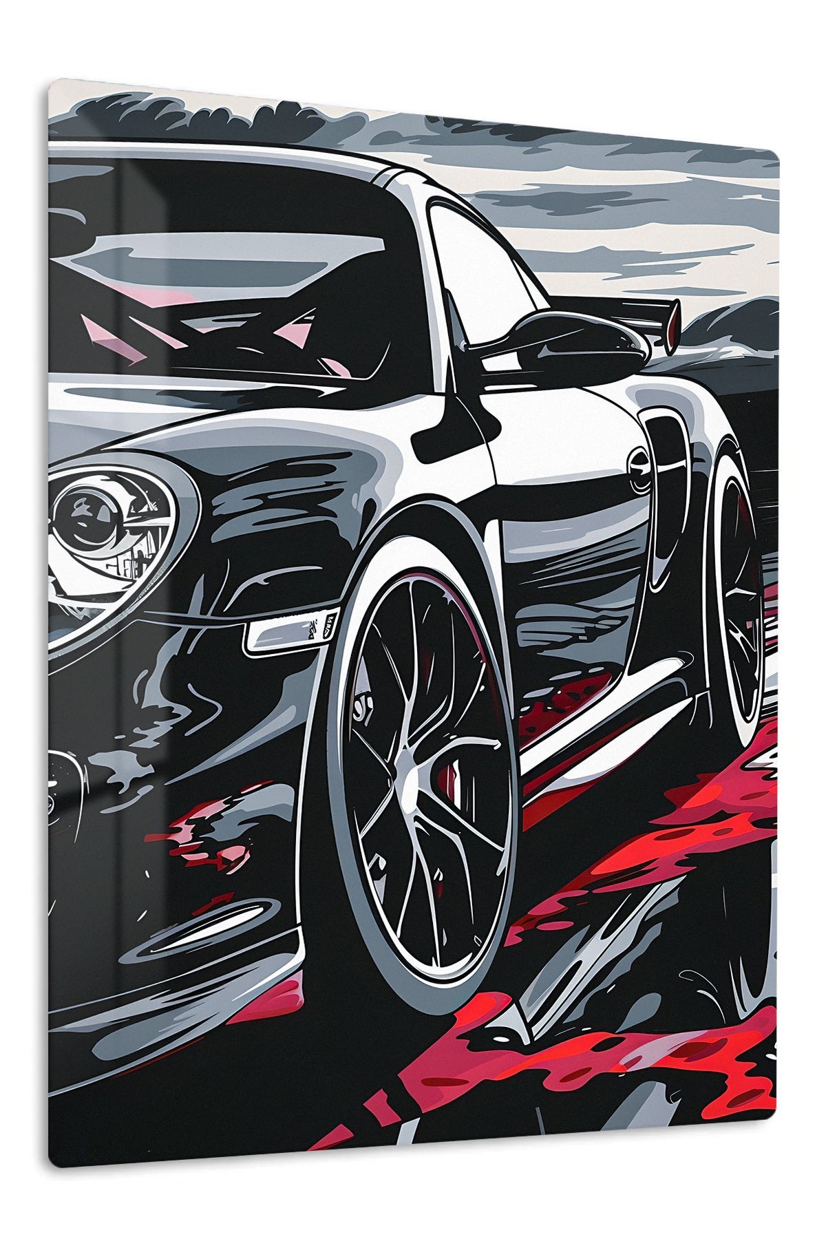 Black Sports Car in Crimson Reflections metal wall art print