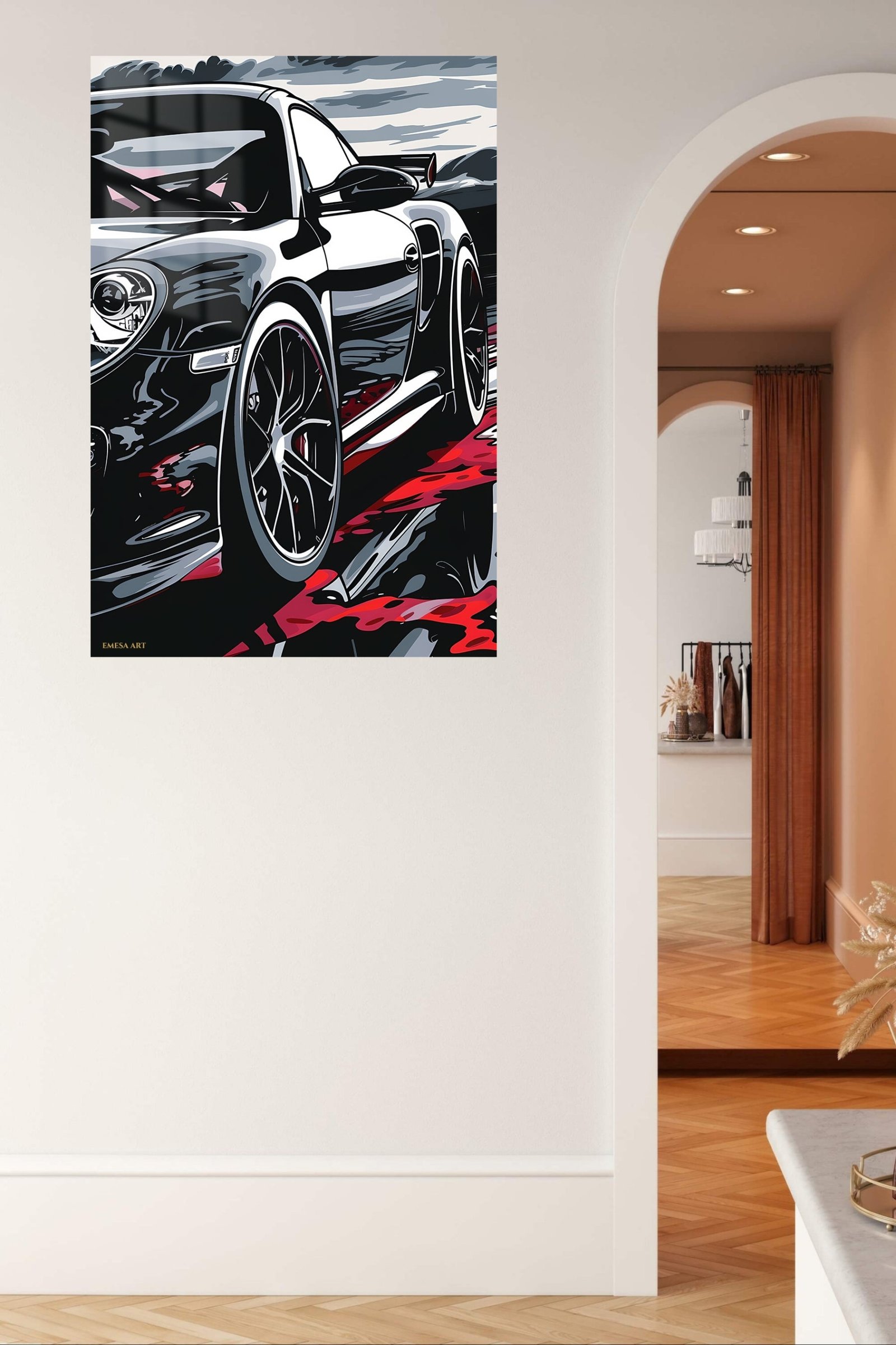 Black Sports Car in Crimson Reflections metal wall art print, view 5