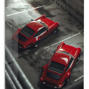 Red Sports Cars in a Rainy Garage metal wall art print