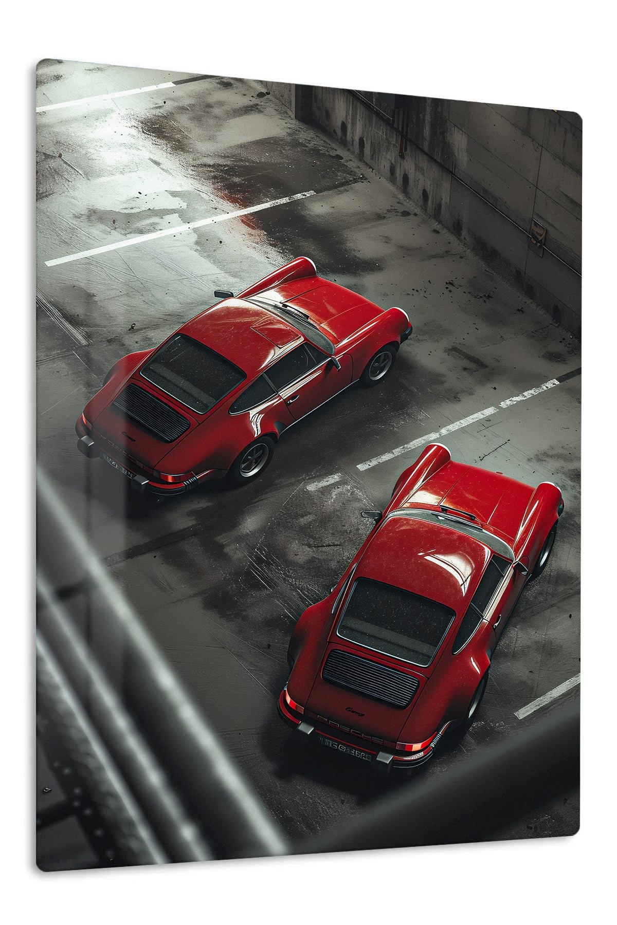 Red Sports Cars in a Rainy Garage metal wall art print