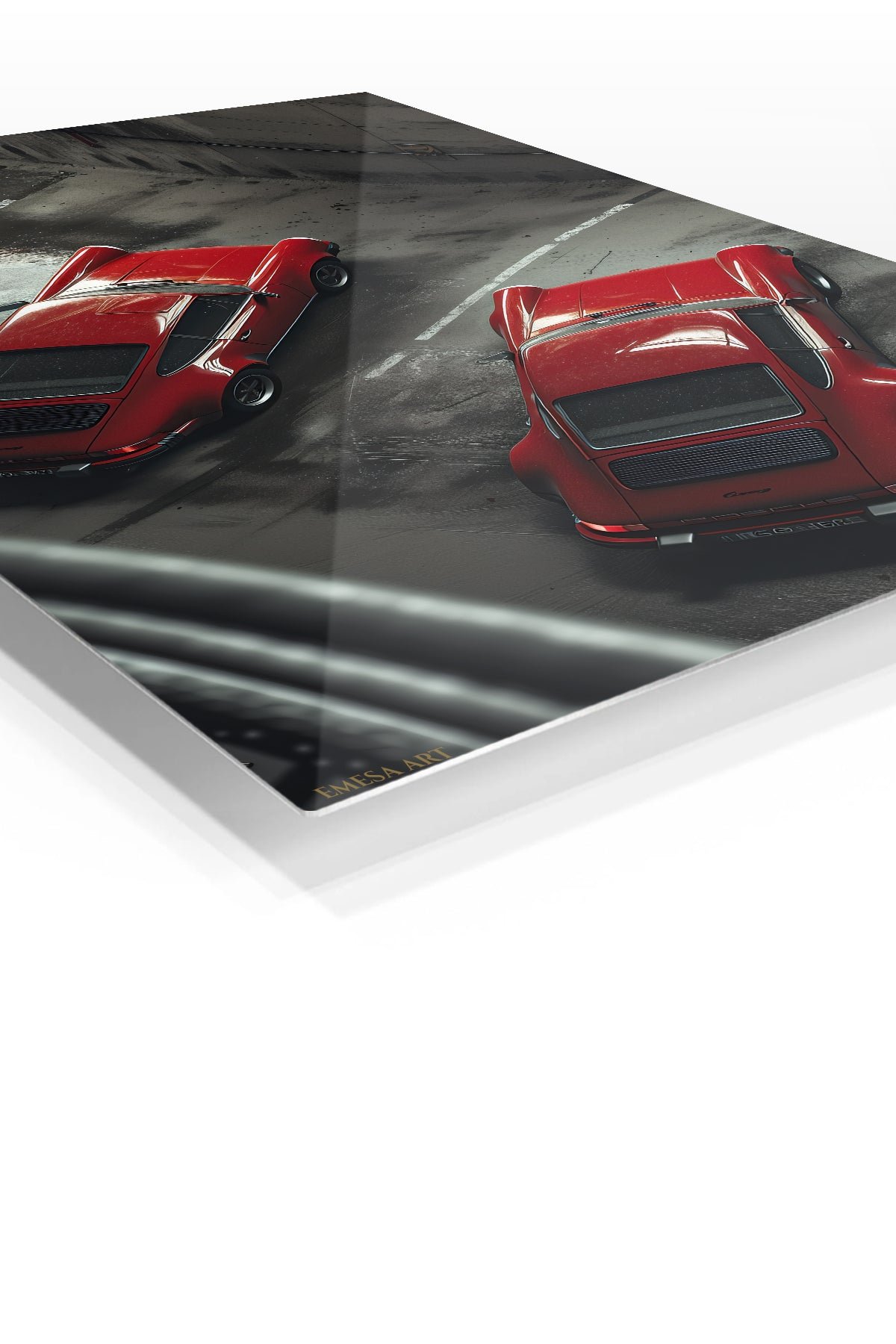 Red Sports Cars in a Rainy Garage metal wall art print, view 2