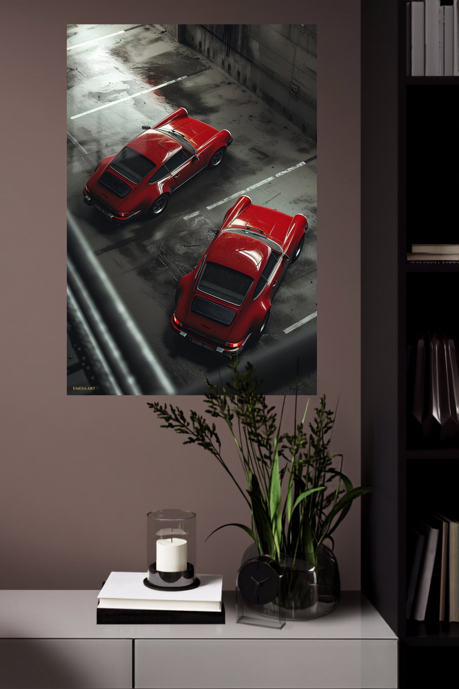 Red Sports Cars in a Rainy Garage metal wall art print, view 4