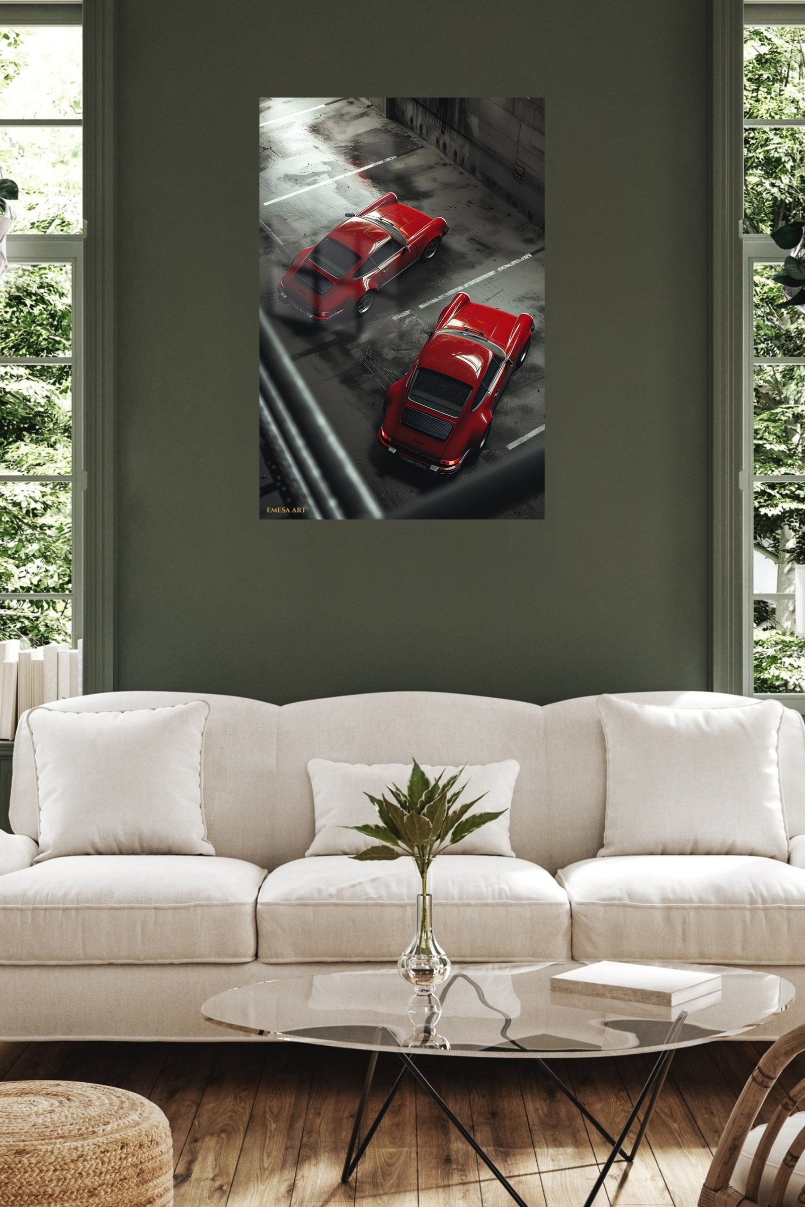 Red Sports Cars in a Rainy Garage metal wall art print, view 5