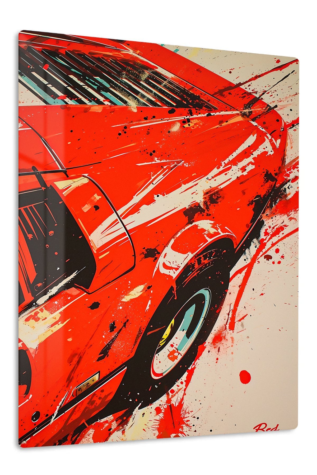 Red Sports Car Splash metal wall art print