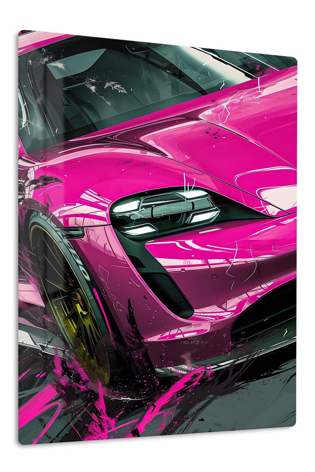 Electric Pink Sports Car metal wall art print
