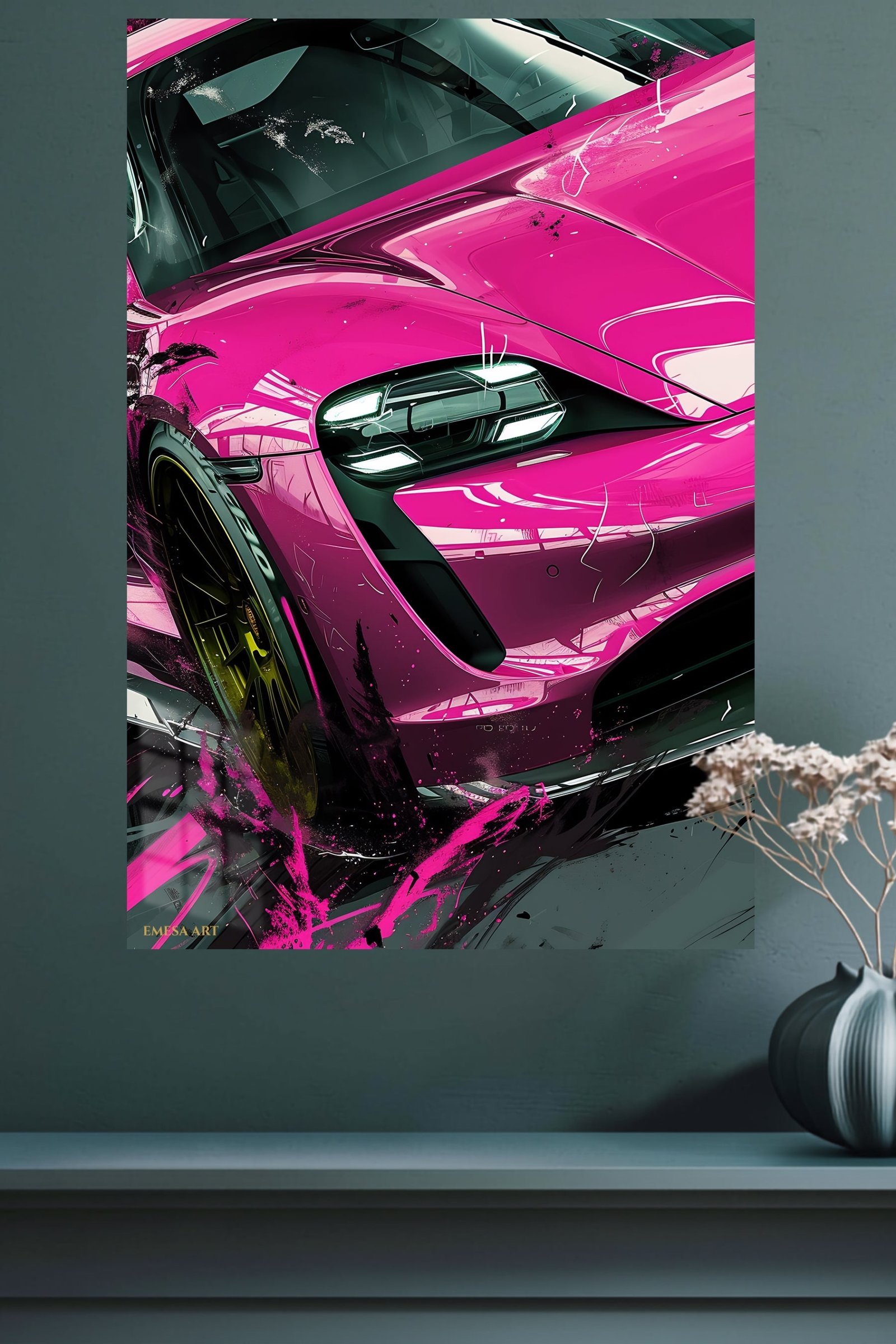 Electric Pink Sports Car metal wall art print, view 4