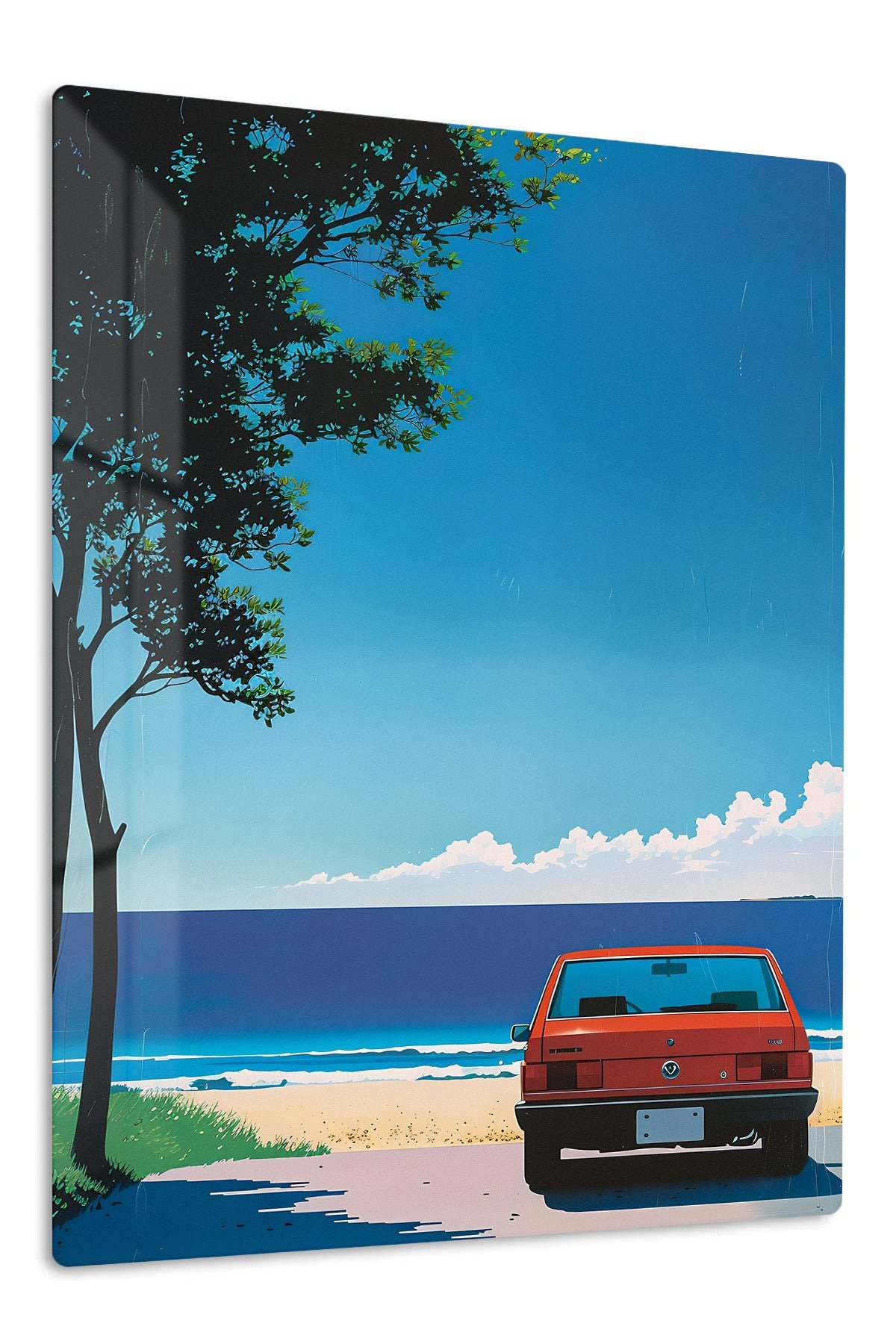 Red Car by the Blue Shore metal wall art print