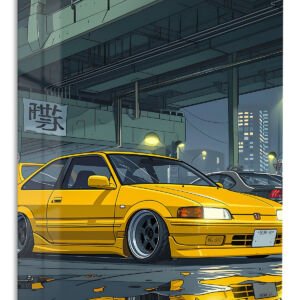 Yellow Street Coupe Under City Overpass metal wall art print