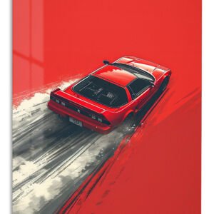 Red Sports Car on Painted Road metal wall art print
