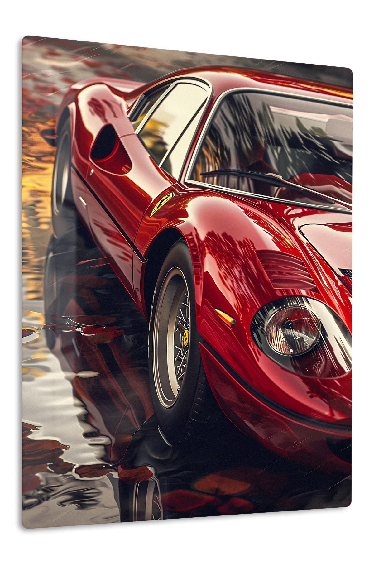 Crimson Sports Car Reflections metal wall art print