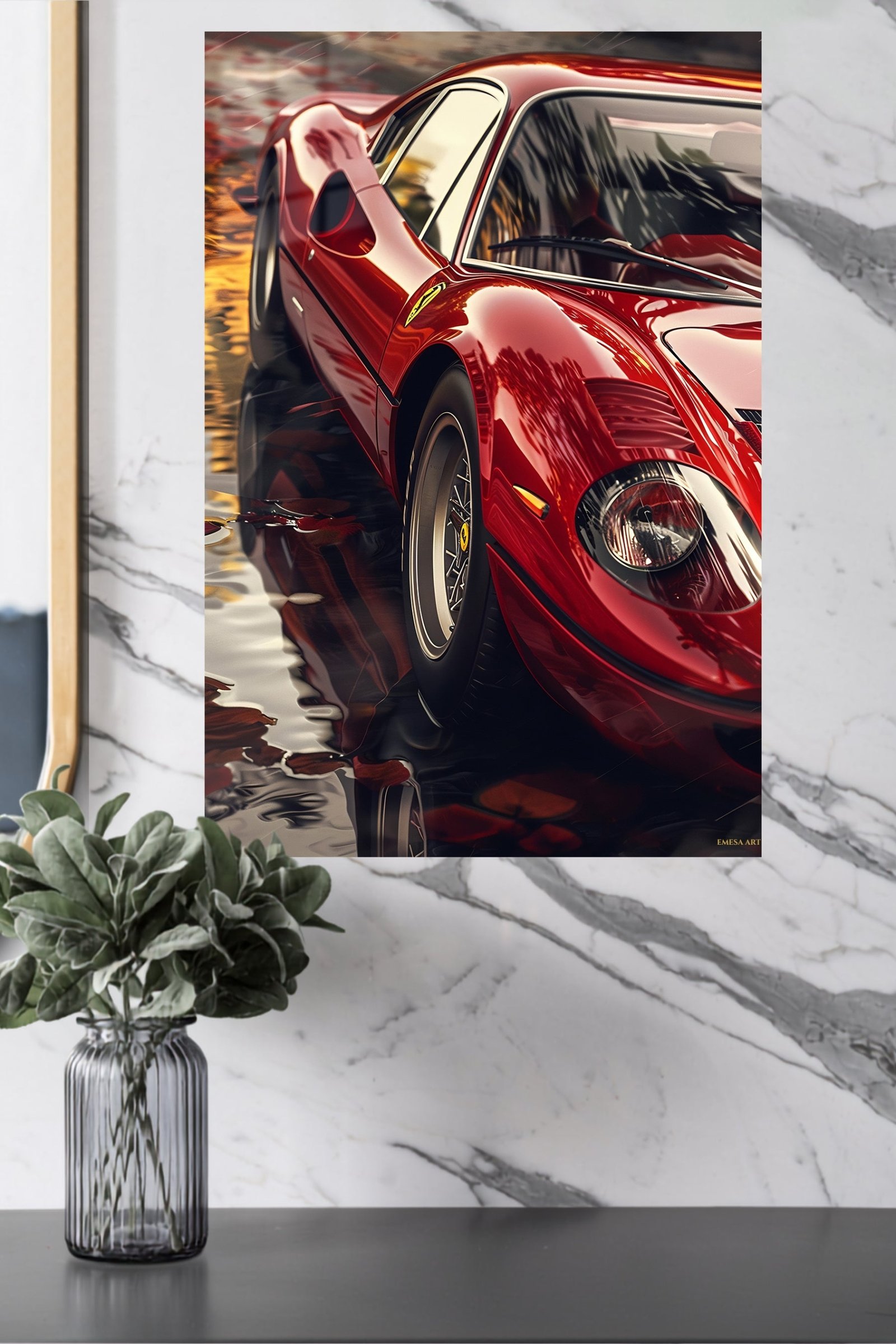 Crimson Sports Car Reflections metal wall art print, view 4