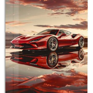 Red Supercar Sunset Reflection metal wall art print