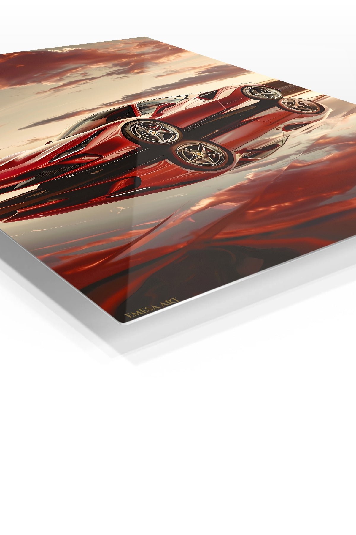 Red Supercar Sunset Reflection metal wall art print, view 2