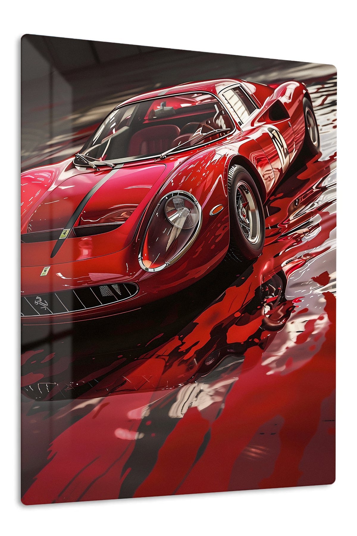 Crimson Vintage Sports Car Reflection metal wall art print