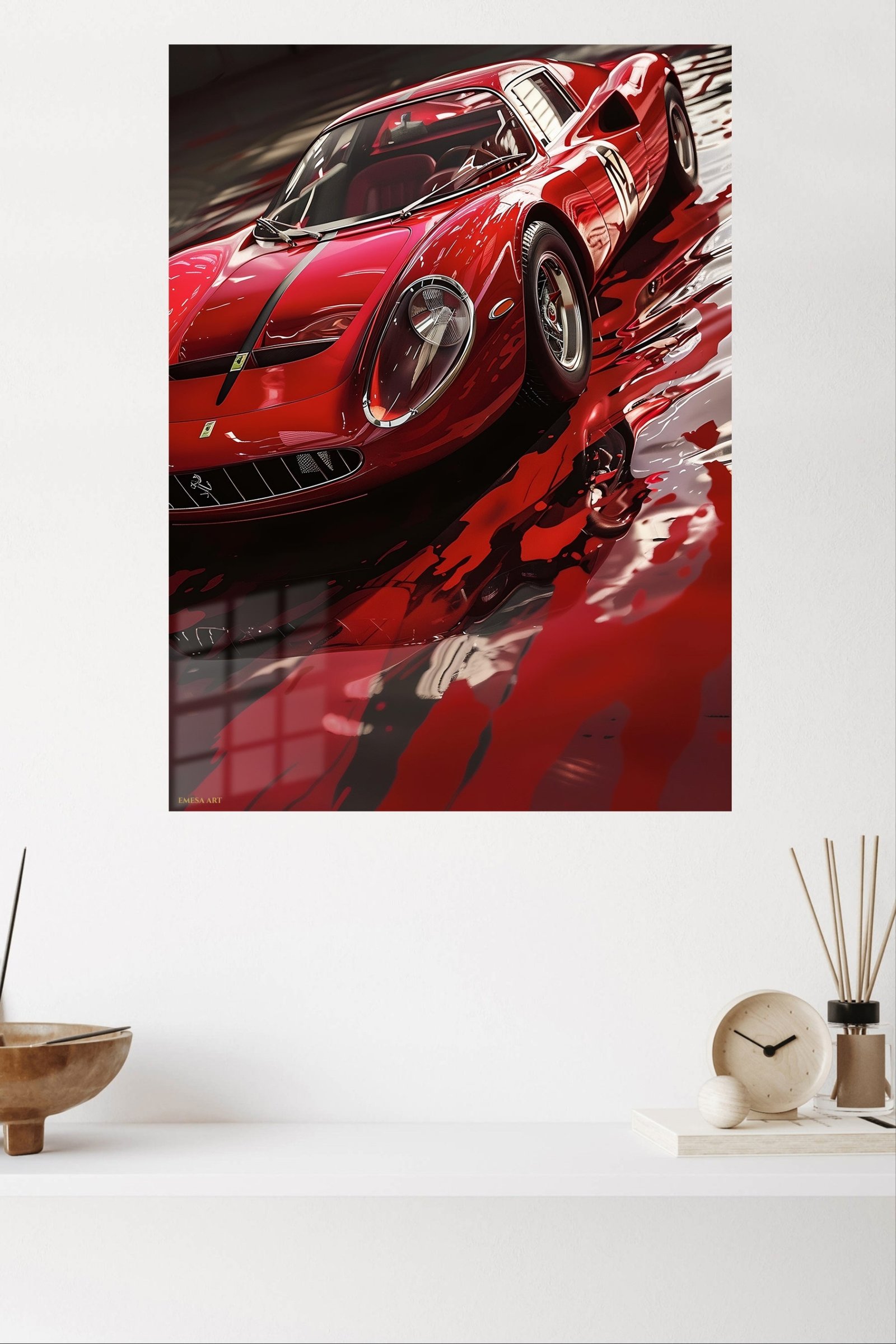 Crimson Vintage Sports Car Reflection metal wall art print, view 4