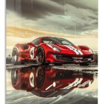 Red Racing Coupe in the Rain metal wall art print