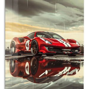 Red Racing Coupe in the Rain metal wall art print
