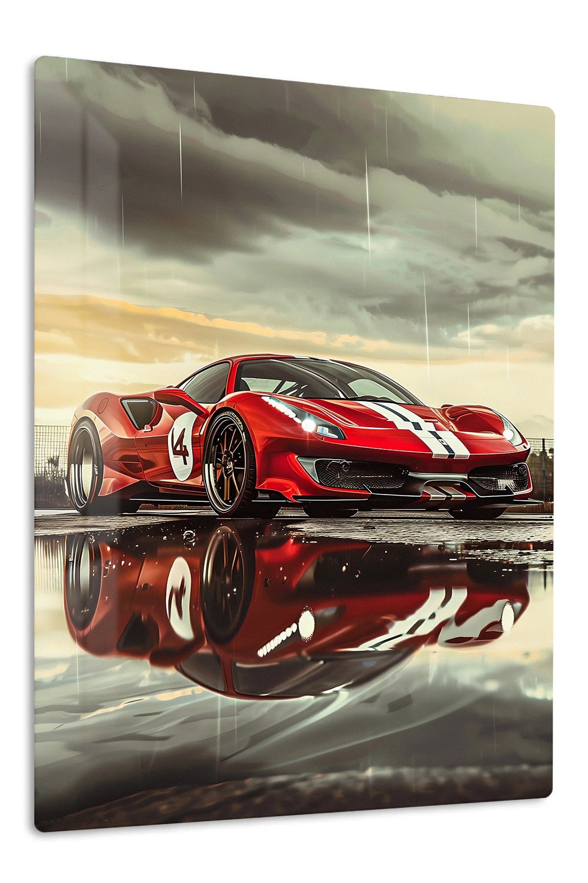 Red Racing Coupe in the Rain metal wall art print