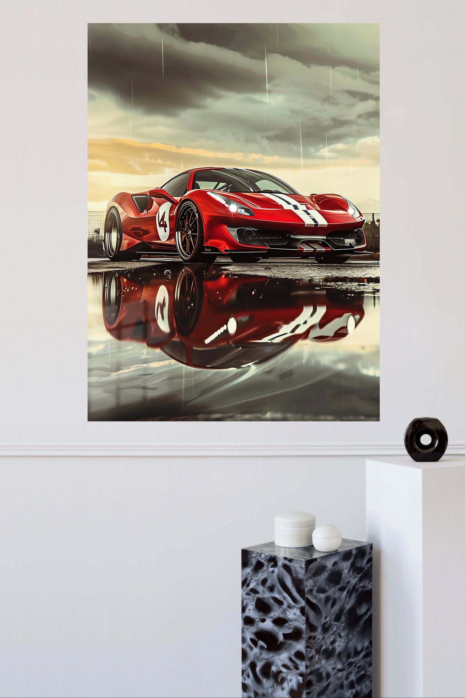 Red Racing Coupe in the Rain metal wall art print, view 4
