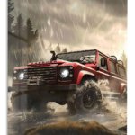 Red Off-Road Truck in Stormy Forest metal wall art print