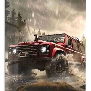 Red Off-Road Truck in Stormy Forest metal wall art print