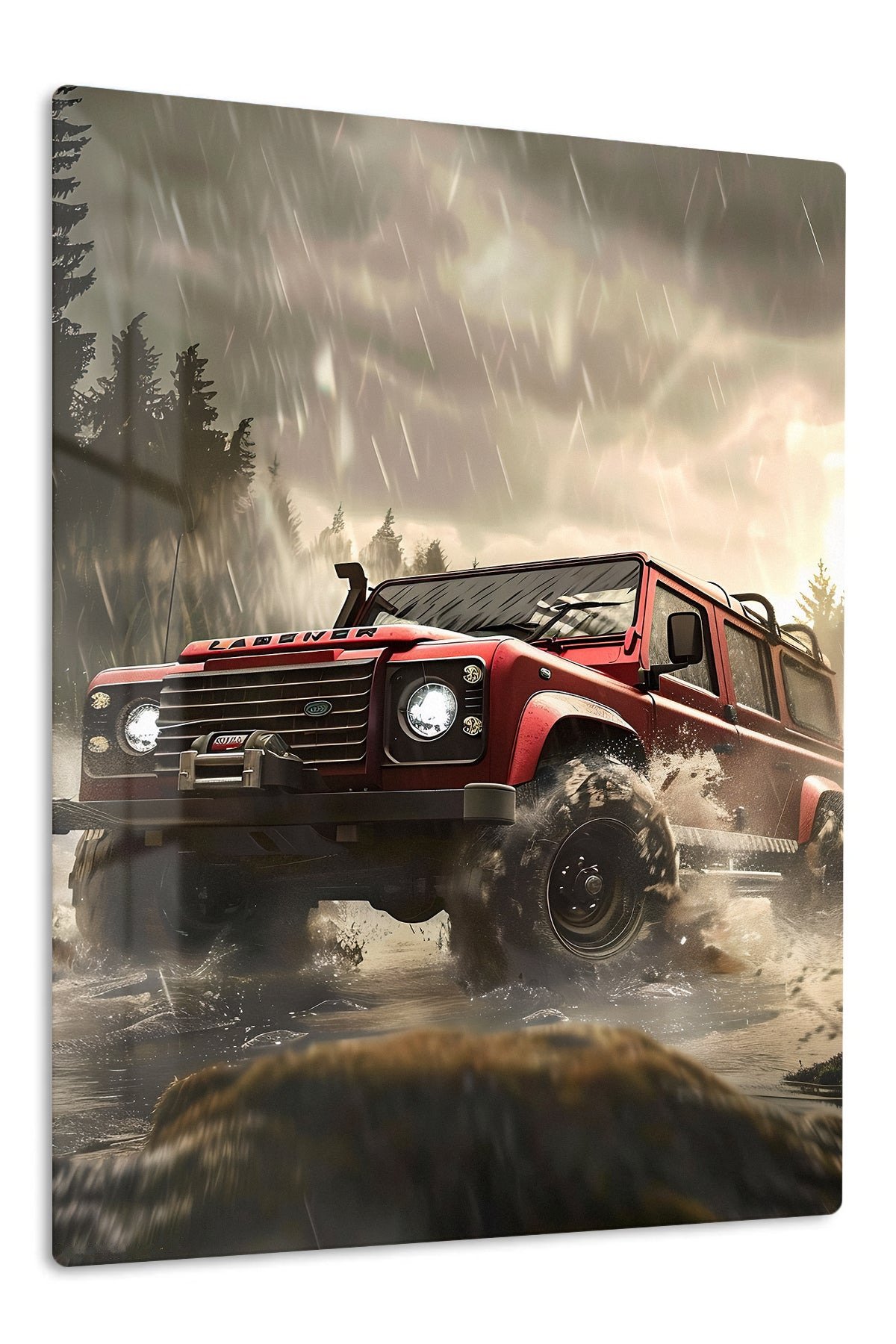 Red Off-Road Truck in Stormy Forest metal wall art print
