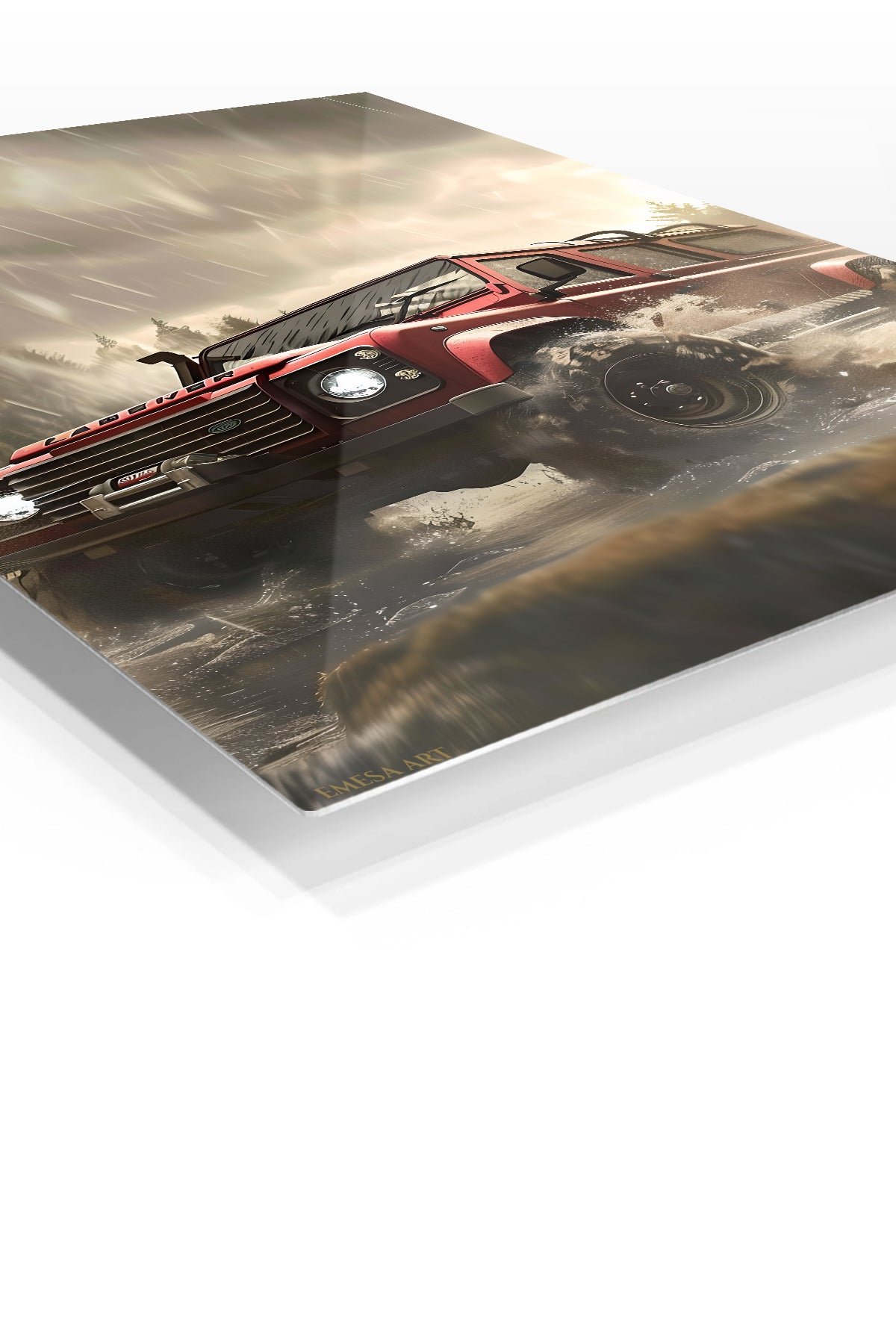 Red Off-Road Truck in Stormy Forest metal wall art print, view 2