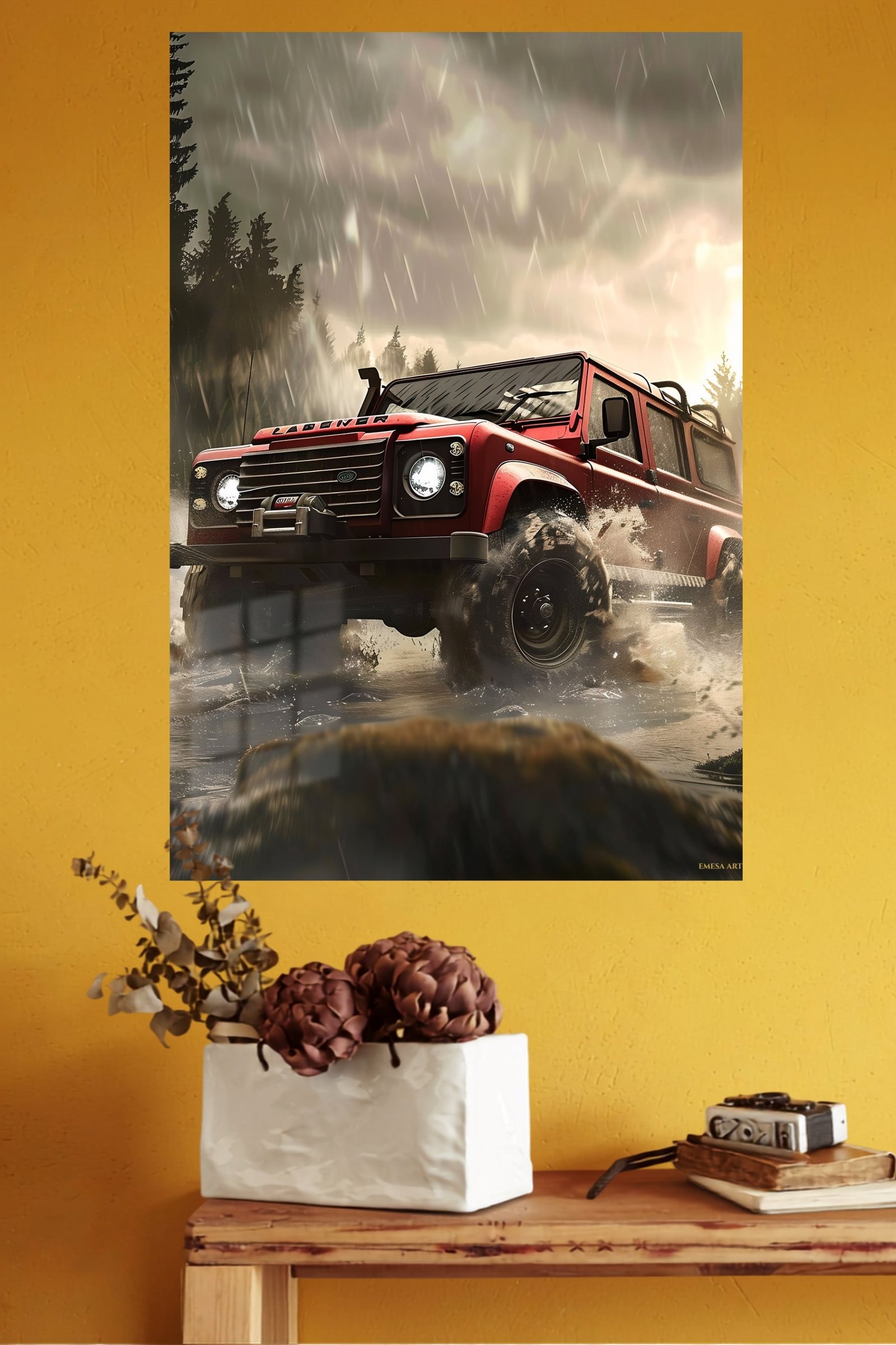Red Off-Road Truck in Stormy Forest metal wall art print, view 4