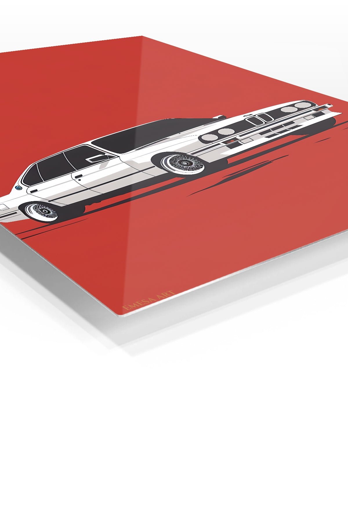 White Classic Sedan on Red metal wall art print, view 2
