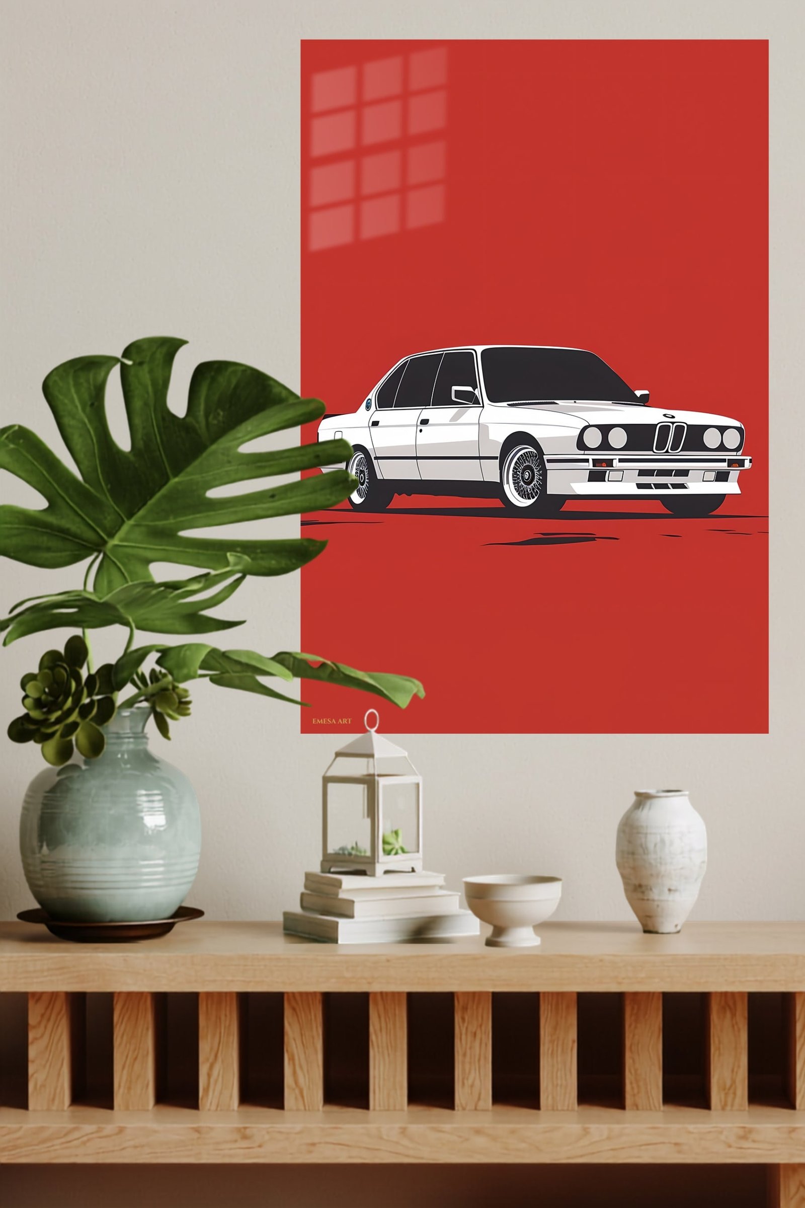 White Classic Sedan on Red metal wall art print, view 4