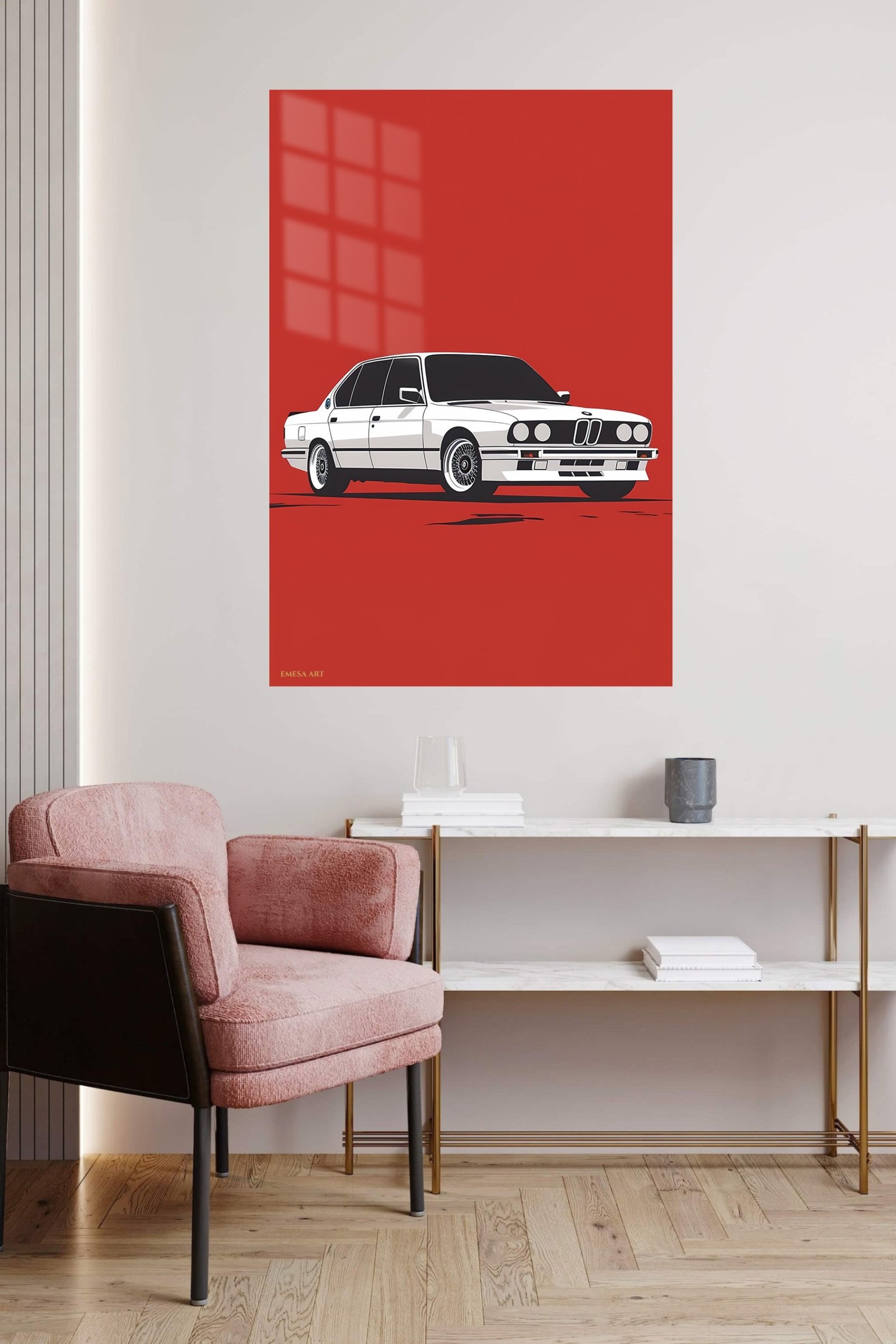 White Classic Sedan on Red metal wall art print, view 5