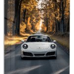 White Sports Car on a Golden Tree-Lined Road metal wall art print