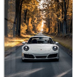White Sports Car on a Golden Tree-Lined Road metal wall art print
