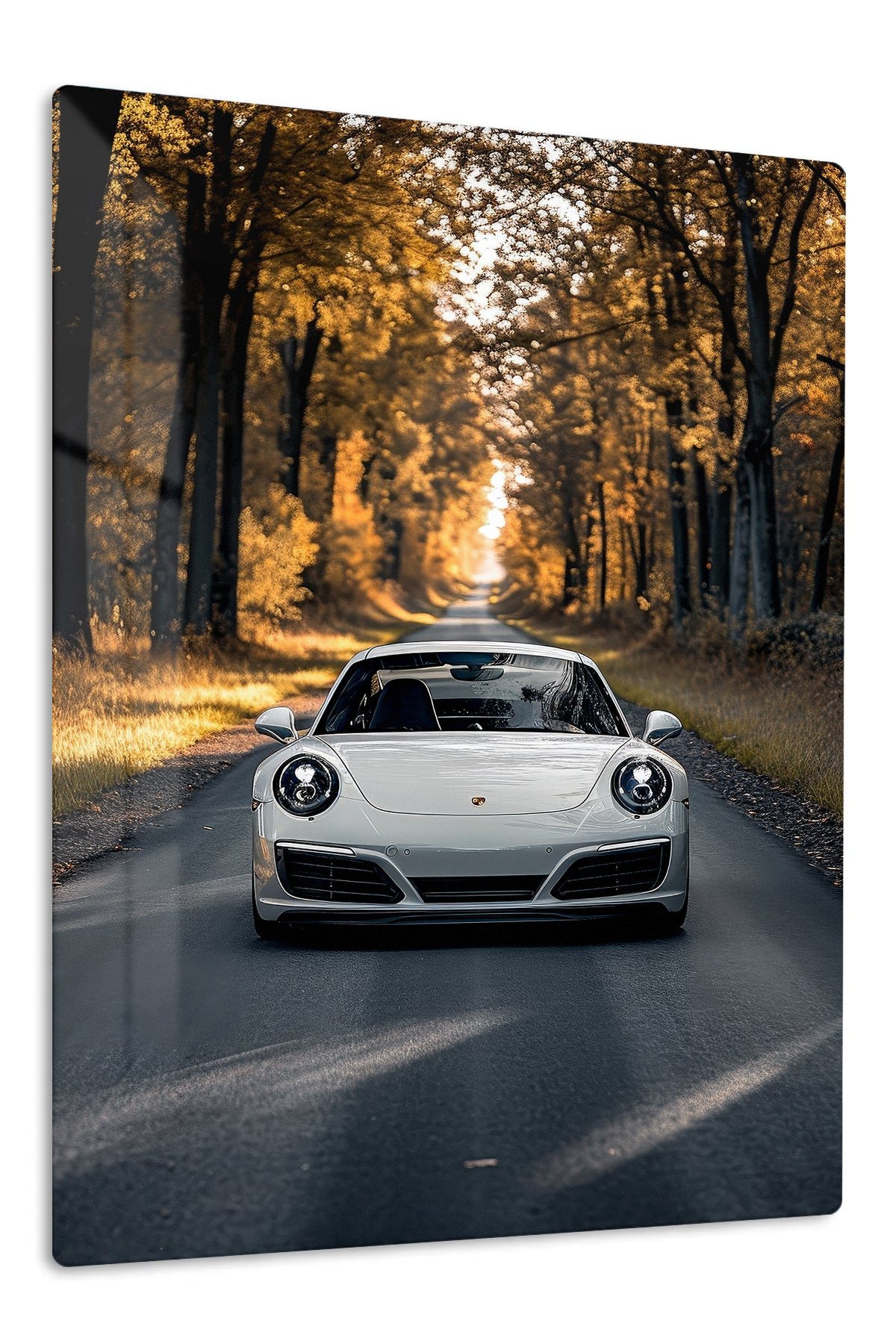 White Sports Car on a Golden Tree-Lined Road metal wall art print