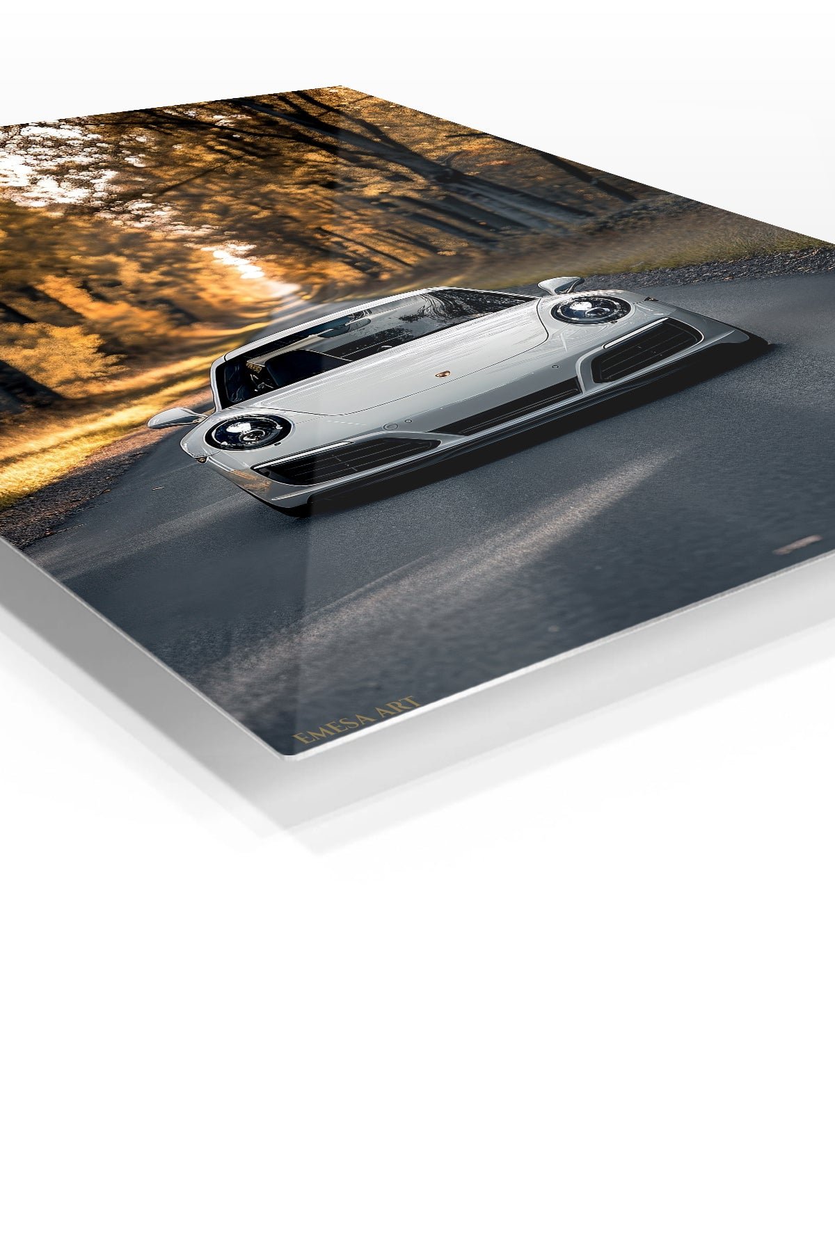 White Sports Car on a Golden Tree-Lined Road metal wall art print, view 2