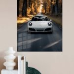 White Sports Car on a Golden Tree-Lined Road metal wall art print, view 4