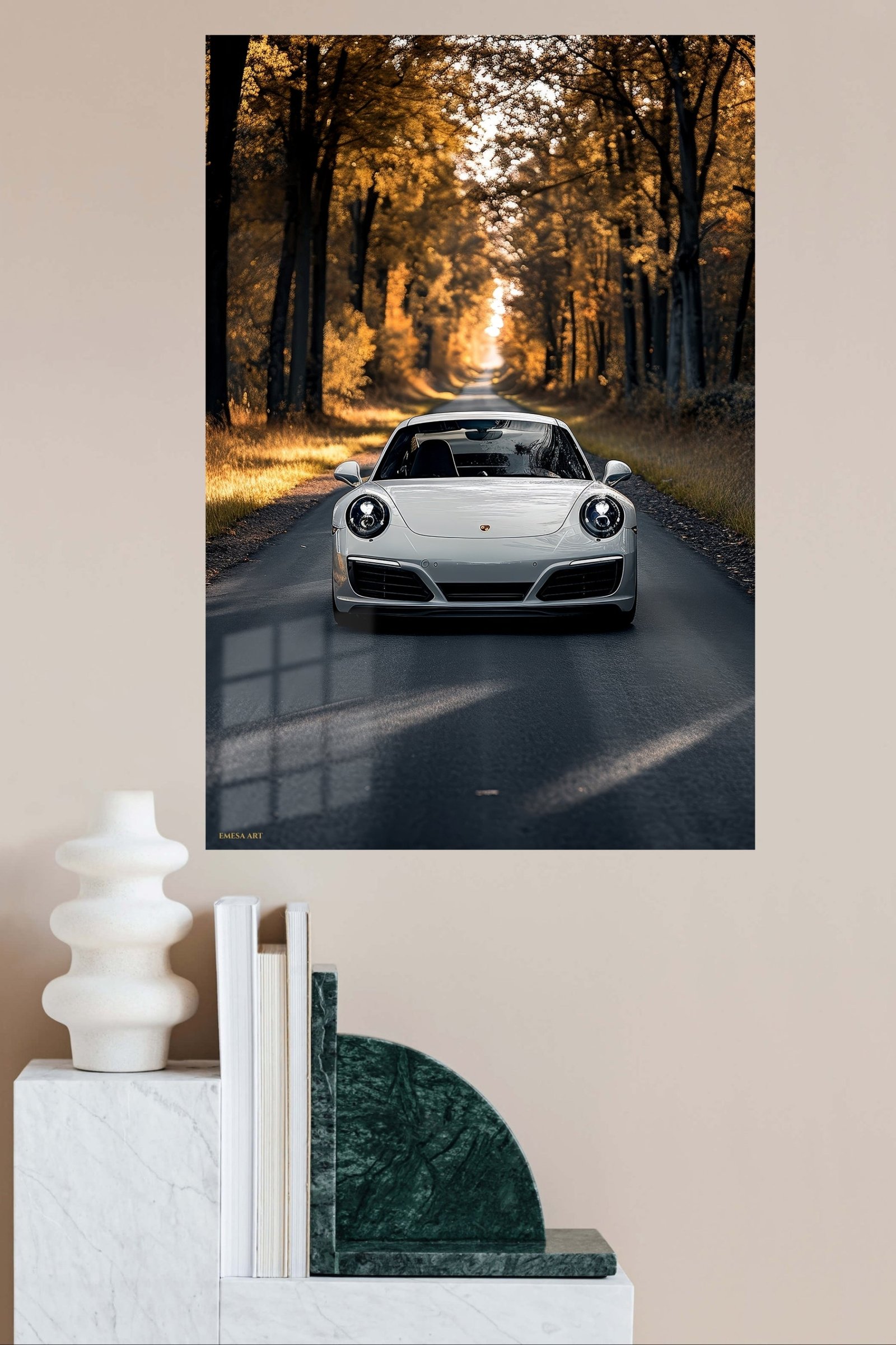 White Sports Car on a Golden Tree-Lined Road metal wall art print, view 4